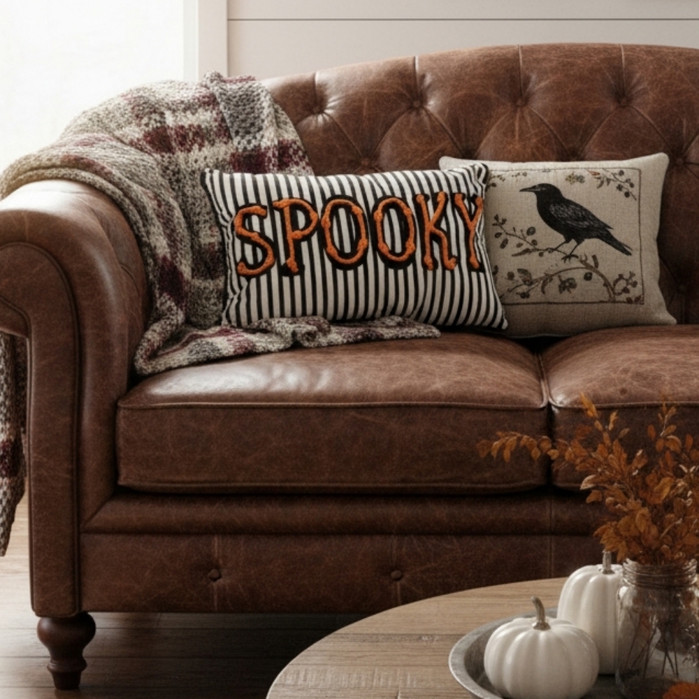 Striped Halloween Pillow with Orange 'Spooky' Text